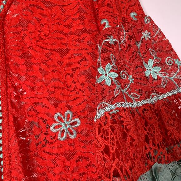Antica Sartoria by Giacomo Long Lace Kimono Red Aqua Embroidered Boho Cover up - Picture 15 of 16